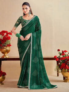 TRENDBUY Moss Chiffon Bandhani Saree with Embroidered Banglory Silk Blouse