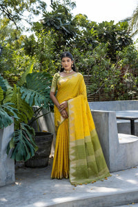 TRENDBUY Semi Tussar Silk Saree | Bandhani Butti & Temple Zari Border
