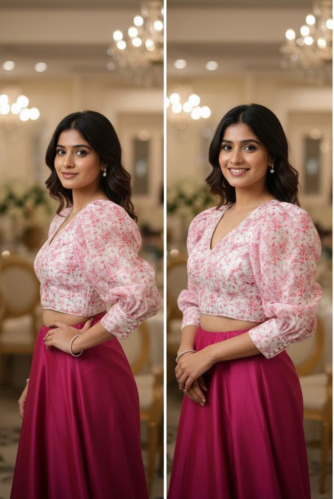 Model posing sideways, wearing a pink floral space silk blouse with puffed sleeves and a magenta skirt, in an elegant setting.