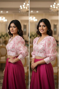 TRENDBUY Kalamkari Inspired Floral Space Silk Puffed Sleeve Blouse