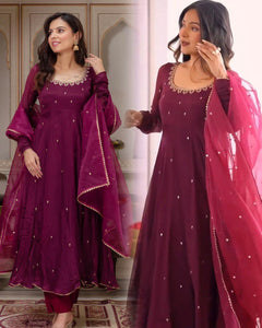 TRENDBUY Plum Purple Fox Georgette Anarkali Gown Set with Sequence & Net Dupatta