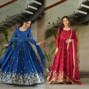 TRENDBUY Elegant Chinnon Anarkali Gown with Zari Sequins Embroidery & Dupatta Set