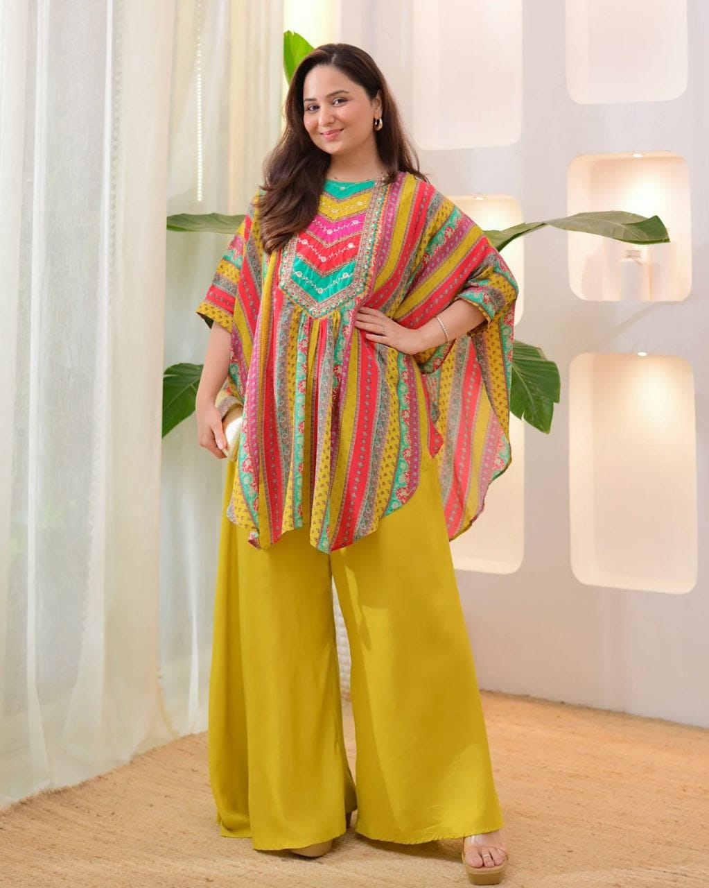 Model showcasing TRENDBUY Indo-Western Kaftan Top and Plazzo set, front view with a relaxed pose.