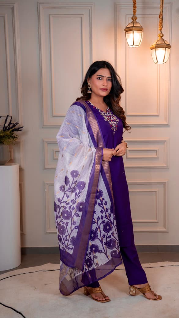 Model wearing the TRENDBUY Purple Roman Silk Kurti Pant Dupatta Set, striking a graceful pose, full length