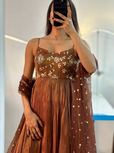 TRENDBUY Golden Brown Embroidered Gown with Dupatta Set