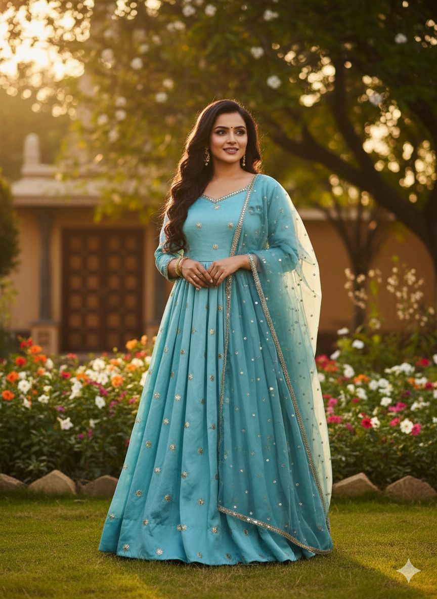 TRENDBUY Neha Blue Royal Silk Anarkali Salwar Kameez Set with embroidery, woman smiling in a garden at sunset.