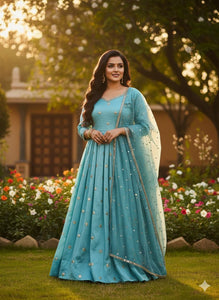 TRENDBUY Neha Blue Royal Silk Embroidered Anarkali Salwar Kameez Set