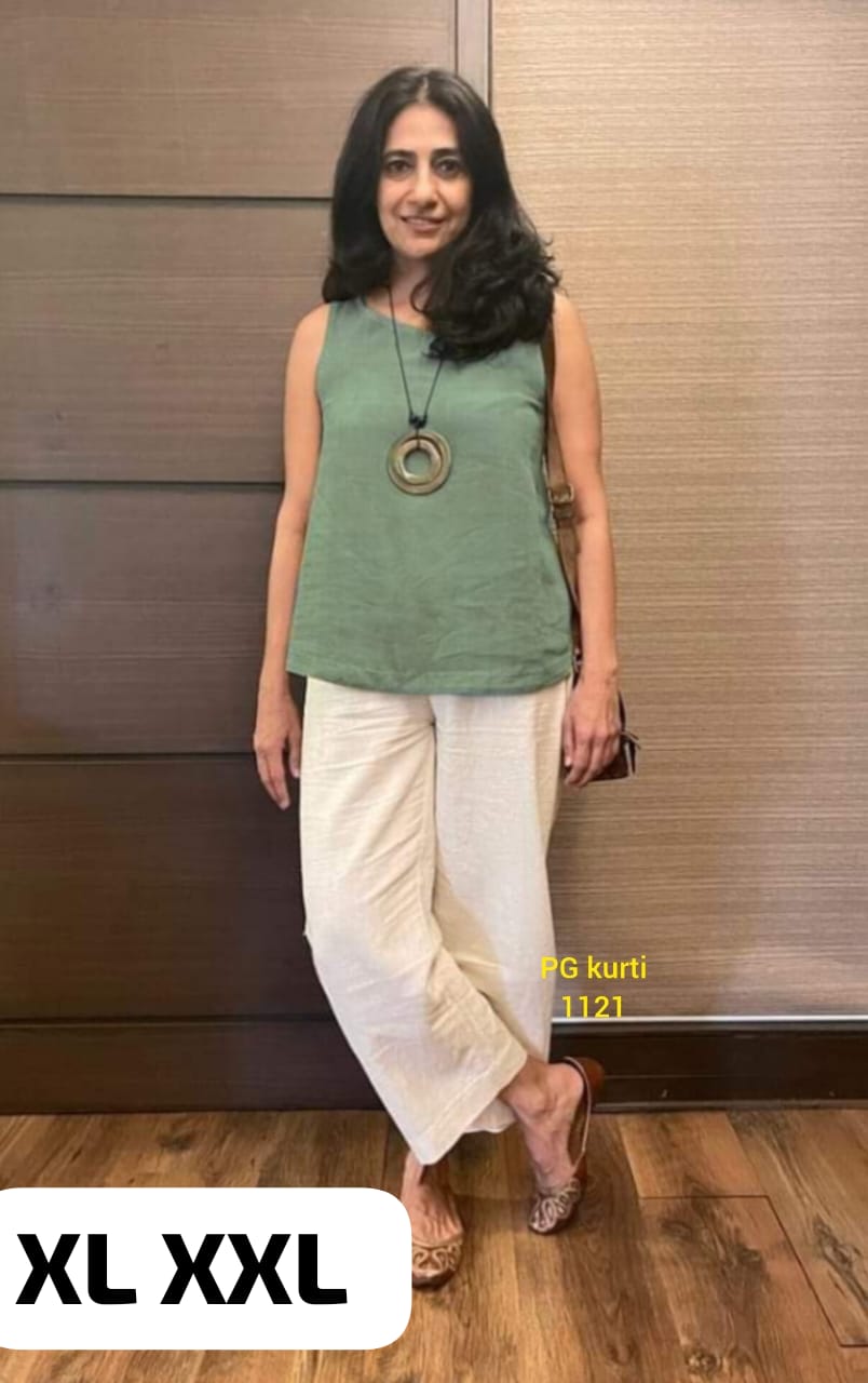 TRENDBUY women's green cotton flex sleeveless top and off-white palazzo pants, front view
