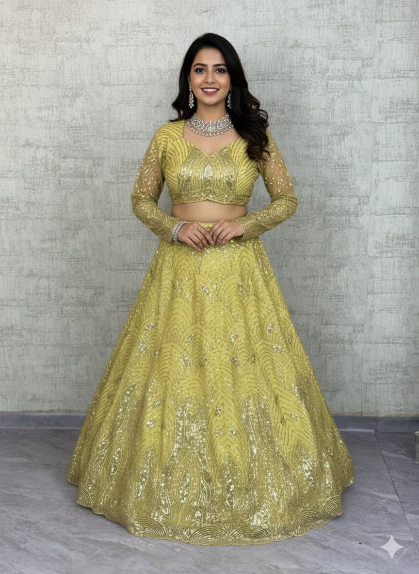 Beautiful model posing gracefully in the TRENDBUY Golden Yellow Sequins Lehenga Set, highlighting the intricate embroidery.