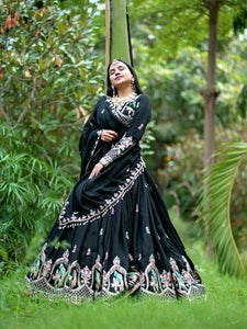 TRENDBUY Black Chinon Embroidered Festival Lehenga Choli