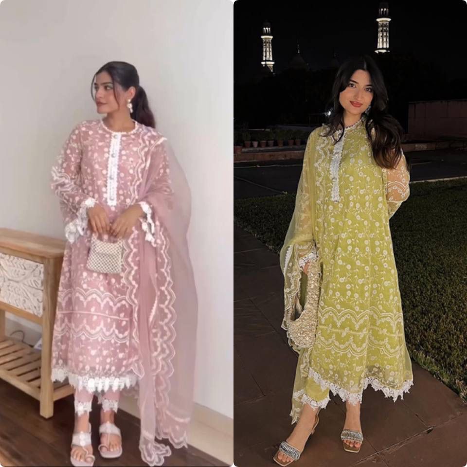 Pink and lime green heavy soft net embroidered suit sets on models.