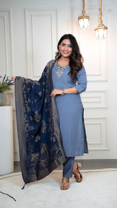 TRENDBUY Steel Blue Hand Work Roman Silk Kurti Pant Dupatta Set - Design 381