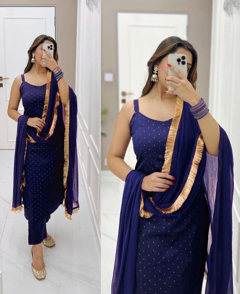TRENDBUY Women's Reyon Foil Work Suit Set in Navy Blue with Georgette Dupatta, model shot