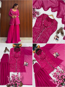 Vibrant Fuchsia Pink Georgette Indo-Western Sharara Set with Sequin & Mirror Work