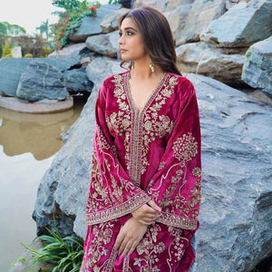 TRENDBUY Luxe Magenta Velvet Kurti Plazzo Set with Sequin Embroidery
