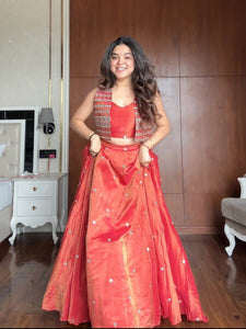 TRENDBUY Coral Red Simmer Silk Lehenga Choli Set with Sequin Work & Koti Jacket