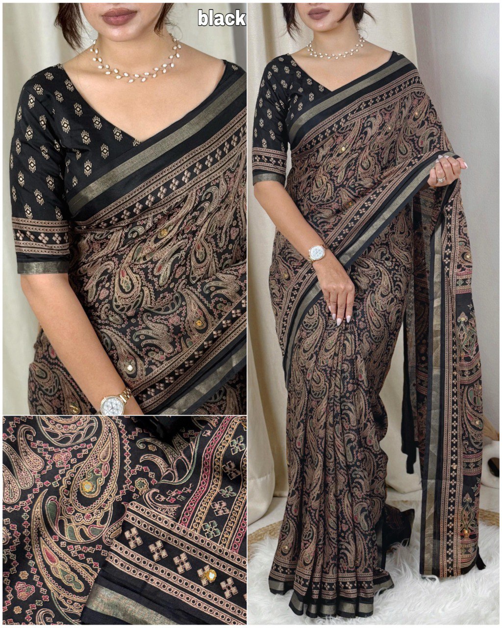 Model in elegant black mul cotton saree with paisley Ajrakh print and mirror work, detailed close-up of fabric.