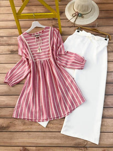 TRENDBUY Stylish Rayon Digital Print Striped Kurti with Lycra Palazzo Set