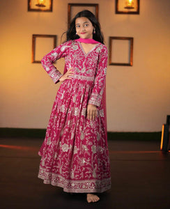 TRENDBUY Girls Fuchsia Pink Embroidered Fox Georgette Gown with Net Dupatta Set
