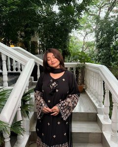 TRENDBUY Black Roman Silk Cotton Embroidered Kurti Plazzo Set