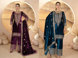 TRENDBUY Luxurious Velvet Embroidered Pant Suit with Dupatta | Festive & Party Wear Salwar Kameez
