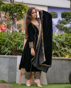 TRENDBUY Luxurious Velvet Embroidered Party Wear Salwar Suit Set with Dupatta