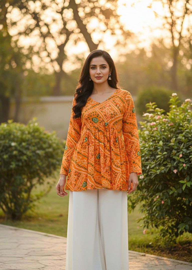 Model wearing vibrant orange Bandhej print pure Georgette peplum top in a garden setting.