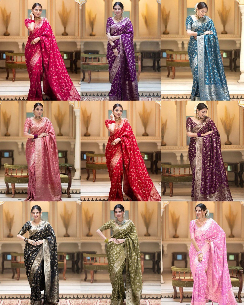 TRENDBUY Lichi Silk Saree collection display in various colors with intricate jacquard work.