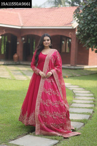 TREND BUY Rani Pink Gown with Dupatta | Multi-Sequins Embroidery & Faux Blooming Fabric | L-XXL