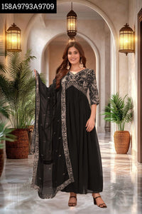 TREND BUY Black Embroidered Gown with Dupatta & Pant Set | Faux Georgette | M-XL Sizes