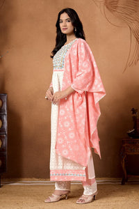 TRENDBUY Elegant Cotton Sifly Nyra Cut Kurta Set with Sequence & Gota Lace | Peach Print Dupatta & Pant