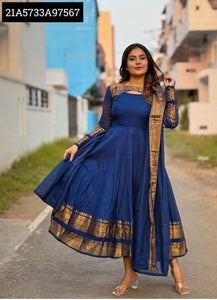 TREND BUY Super Trendy Silk Cotton Gown with Jacquard Jari & Dupatta | Wine & Blue | S-3XL