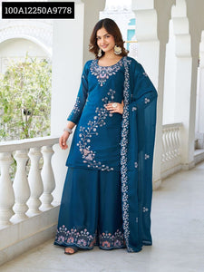 TREND BUY Designer Moti Work Kurti Plazzo & Dupatta Set | Star Georgette | Blue & Purple | Fully Stitched