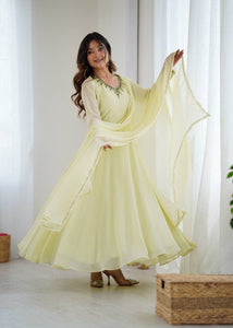 TRENDBUY Elegant Lime Green Fox Georgette Gown Suit with Handwork & Dupatta