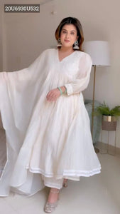 TREND BUY Designer Embroidered White Anarkali Gown Set | Chanderi Silk | Fully Stitched | Sizes M-XXL