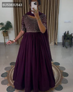 TREND BUY Maroon Georgette Anarkali Gown | Beautiful Yok Embroidery | Sizes S-XXL