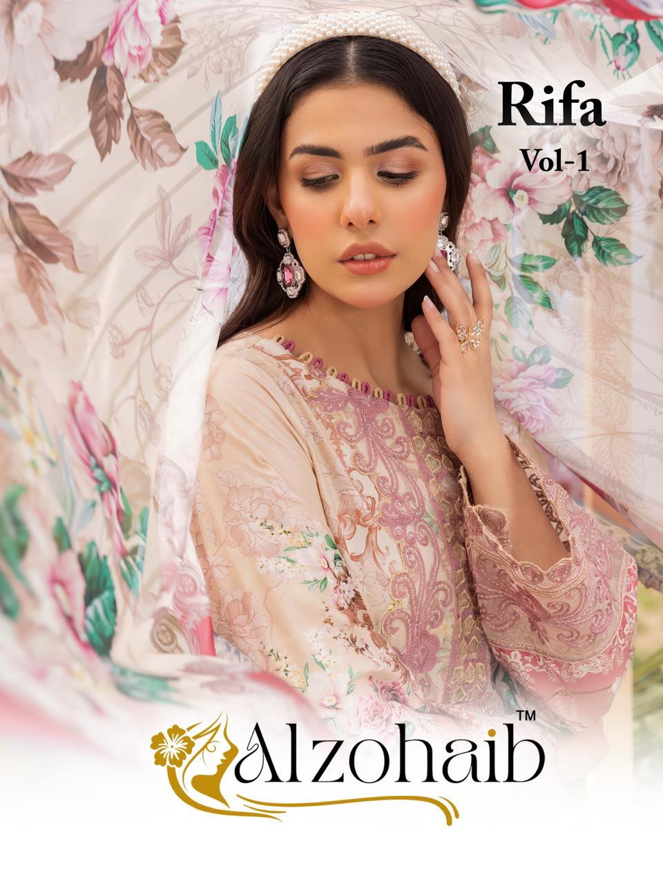 Elegant model showcasing Alzohaib Rifa Vol 1 AZ-1360-A cream and pink embroidered cotton suit with floral dupatta.