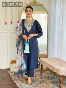 Blue Reyon Slub Kurta Set | Gorgeous Embroidery & Organza Dupatta | TREND BUY