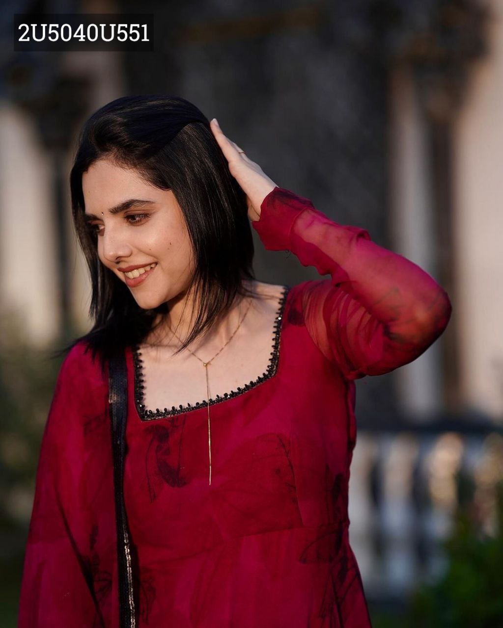 Close-up of intricate embroidery on the georgette neckline