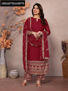 Elegant Red Star Georgette Embroidery Kurti Set | With Pant & Dupatta | TREND BUY