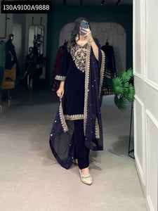 Premium Royal Blue Velvet Embroidered 3-Piece Salwar Suit Set with Organza Dupatta for Weddings and Festive Wear