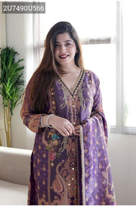 Elegant Blue Model Satin Printed Kurti Set with Silk Pant & Stone Work Dupatta | TREND BUY