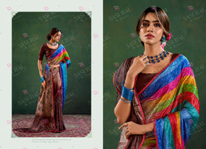 Sasural Hand Print Peacock Silk Crape Saree - Jacquard & Diamond Work