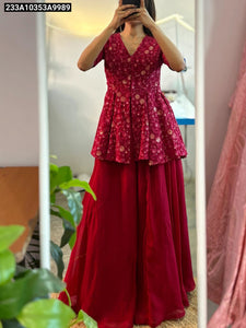 Red Georgette Blazer Style Top & Palazzo Set with Embroidery Sequins Work | TREND BUY