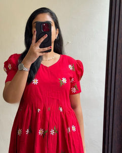 TRENDBUY Red Daisy Floral Maska Cotton Maxi Dress | Comfort Fit