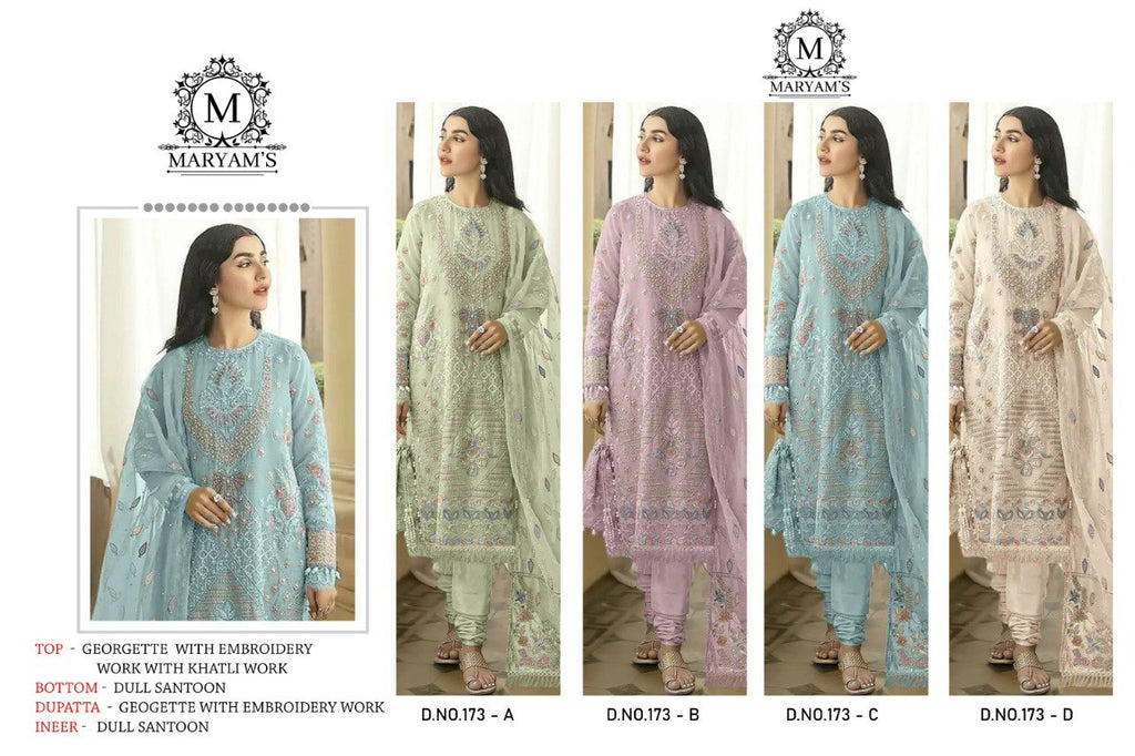 TRENDBUY Pakistani Faux Georgette Salwar Suit collection with heavy embroidery in pastel green, lavender, pastel blue, and cream colors.