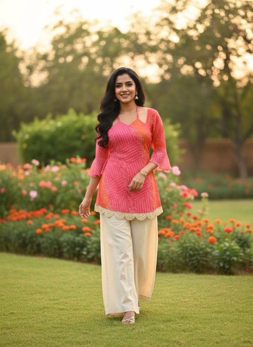 TRENDBUY Laila Faux Georgette Bandhani Print Kurti Top in pink ombre with bell sleeves and lace, paired with palazzo pants, model smiling in a garden.