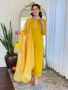 TRENDBUY Women's Yellow Rayon Embroidered Kurta Set with Pants & Taby Laced Dupatta