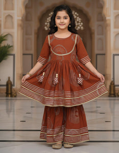 TRENDBUY Girls' Ethnic Cotton Kurta Kediya & Sharara Set | Festive Collection