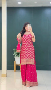 TRENDBUY Premium Faux Georgette Embroidery Sequence Work Top Plazzo Dupatta Set with Potli Bag